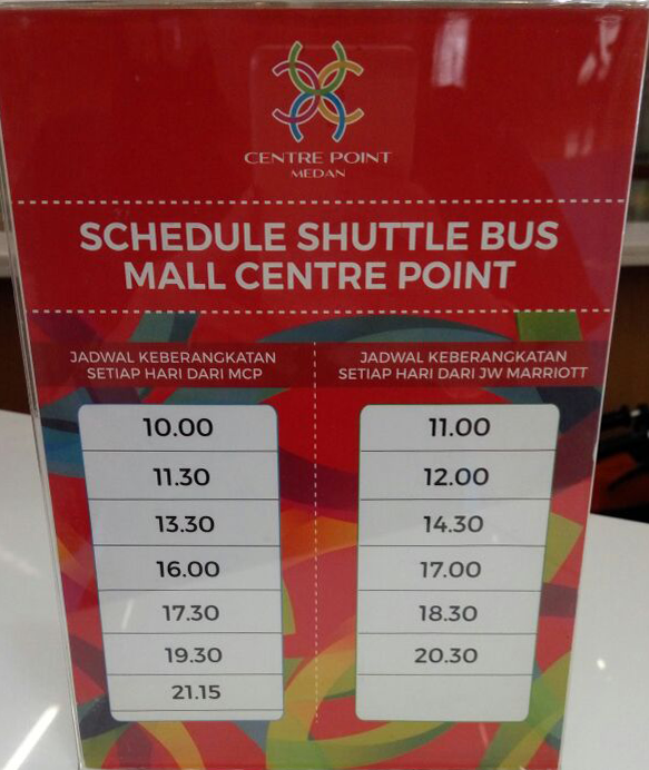 Jadwal Shuttle Bus JW Marriott - Centre Point Mall
