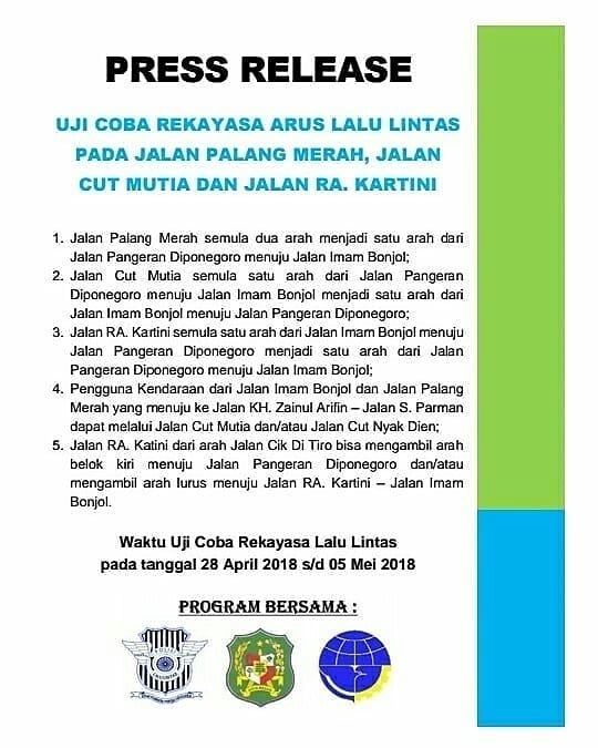 Ujicoba Rekayasa Arus Lalu Lintas Jalan Palang Merah, Cut Mutia dan RA Kartini, Medan (#1)