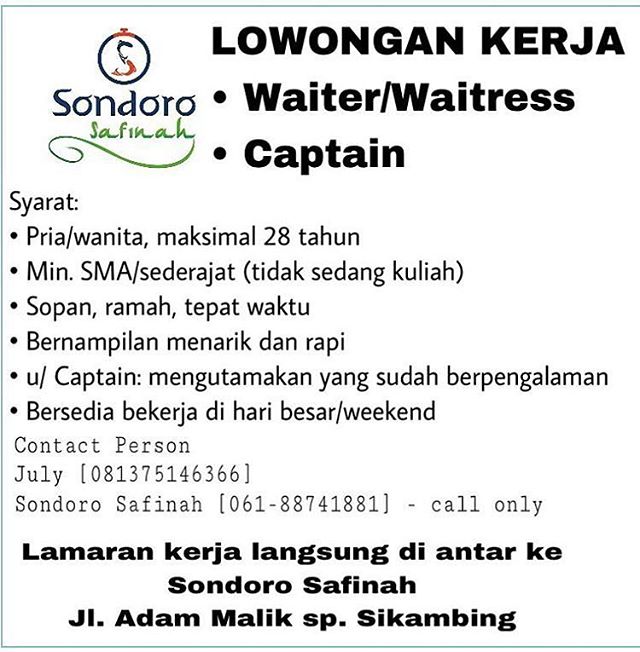 Sondoro Safinah : Lowongan Waiter/Waitress dan Captain