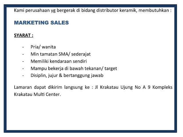 Lowongan Marketing Sales Distributor Keramik