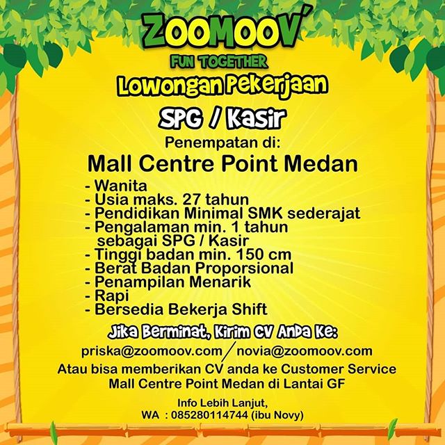Lowongan Kerja SPG / Kasir di ZOOMOOV Mall Centre Point Medan