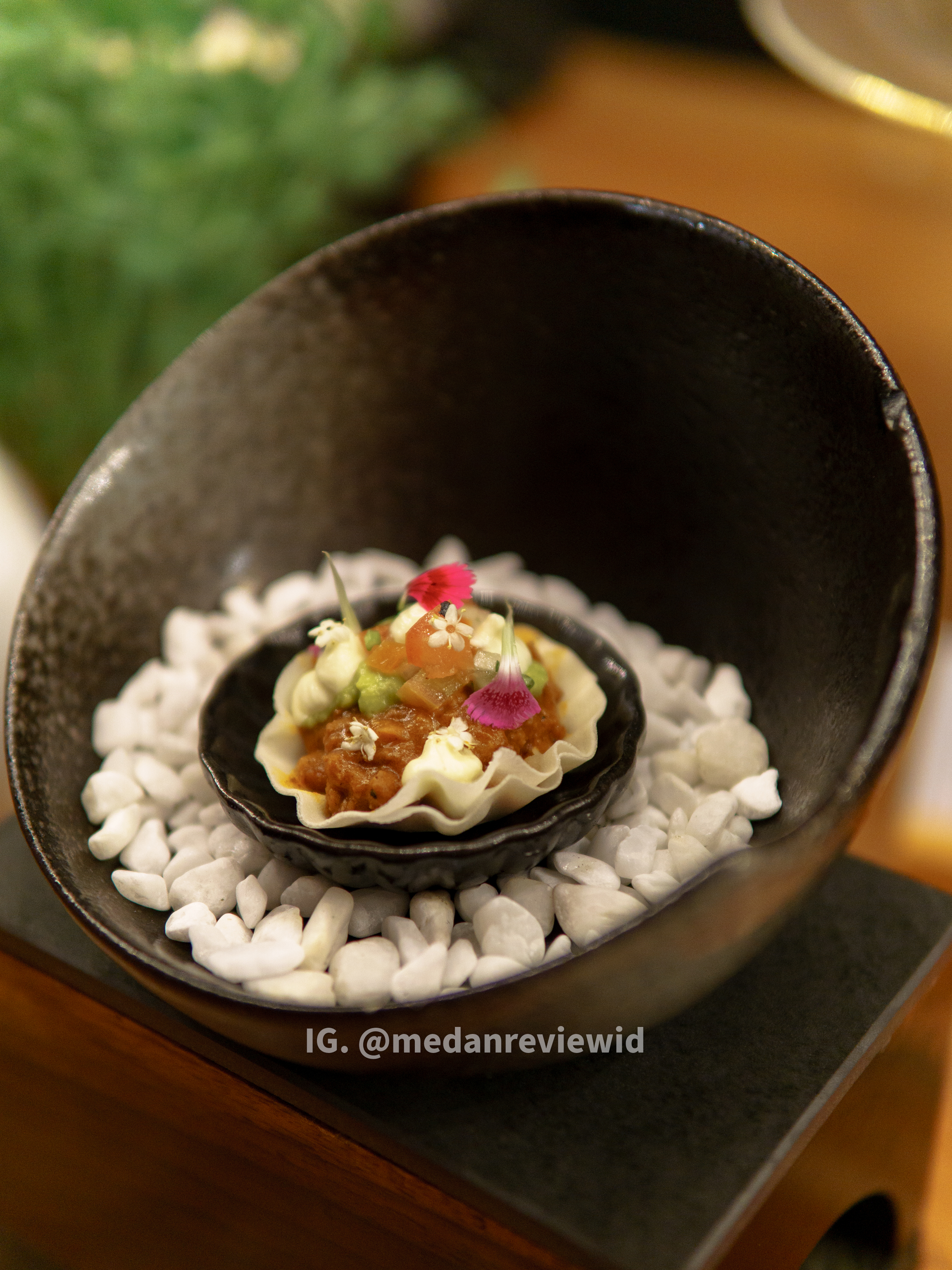 Amuse Bouche: Beef layer skewer with chimichurri, pearl balsamic caviar, herbal green oil