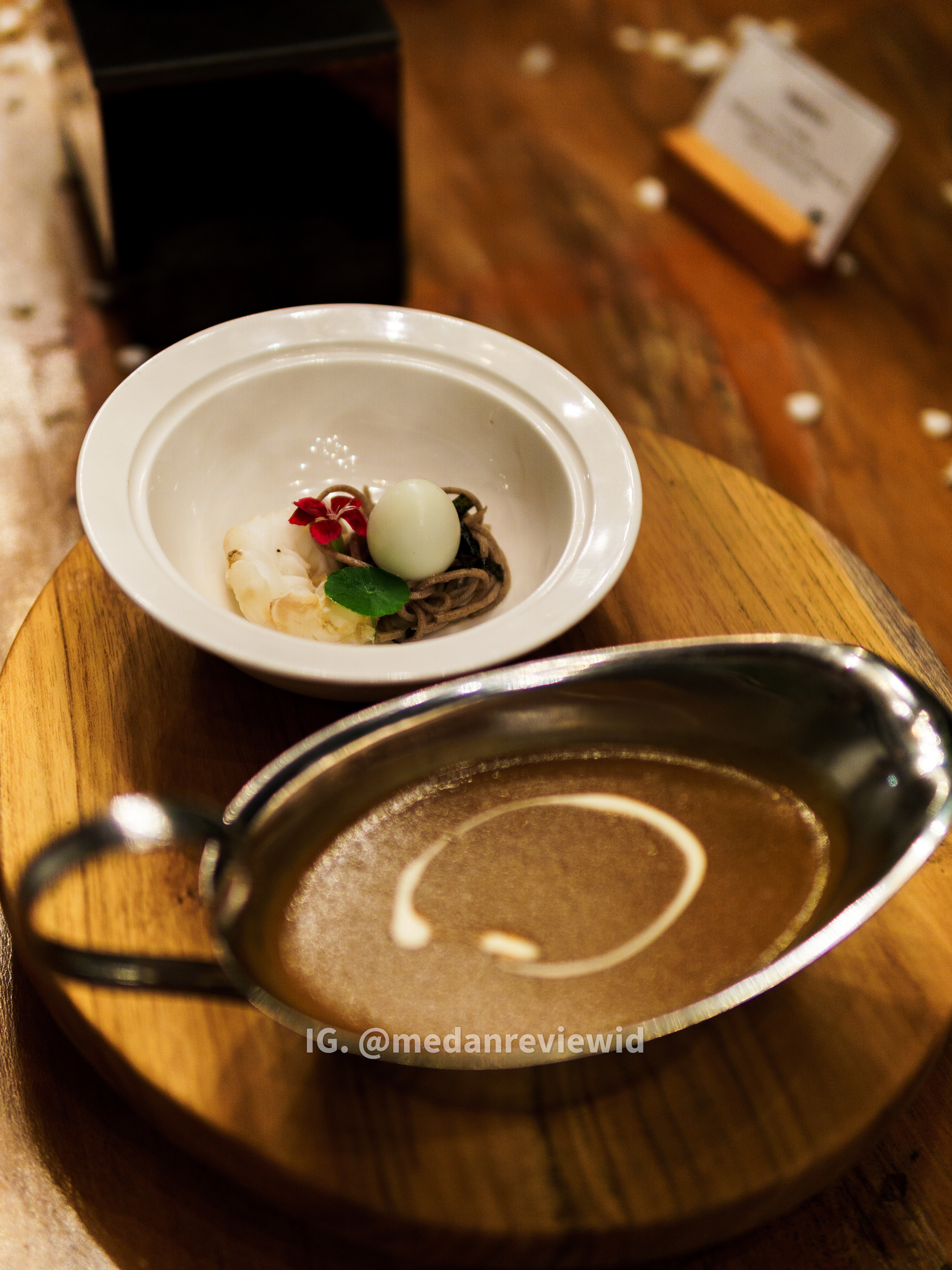Soup: Bisque with lobster, soba noodle, quail egg