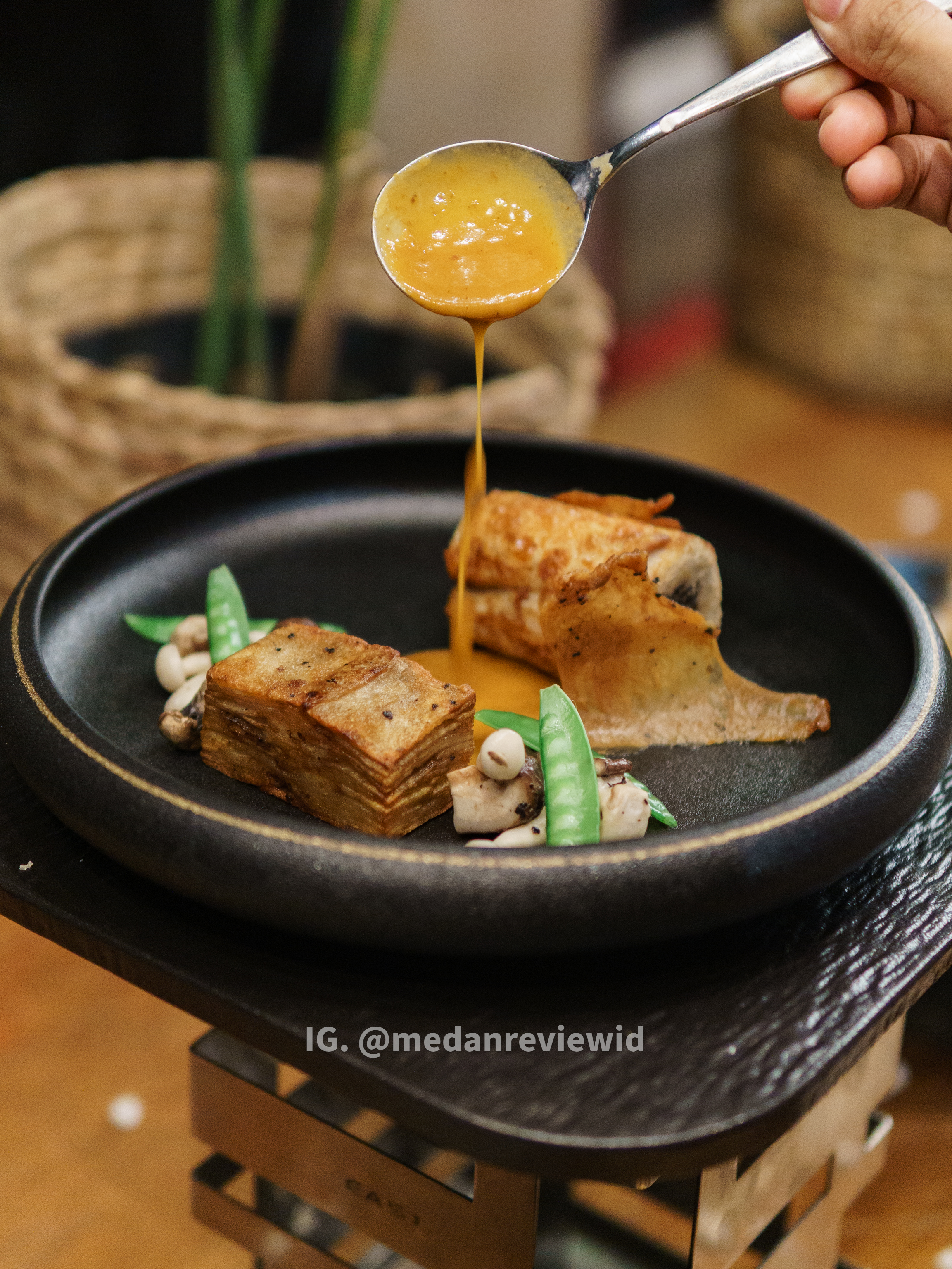 Main Course: Chicken Roulade with assorted mushroom, potato pave, snow peas, chicken jus