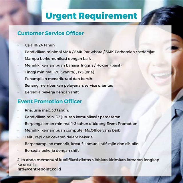 Lowongan Sebagai Customer Service Officer dan Event Promotion Officer